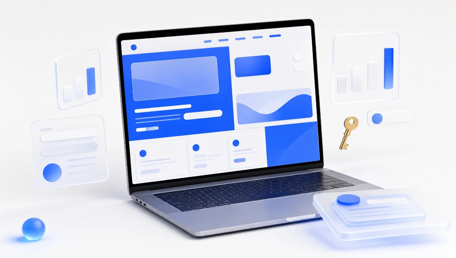 Studio scene: a laptop showing an abstract cobalt-blue website layout, surrounded by glass statistic cards and a golden key
